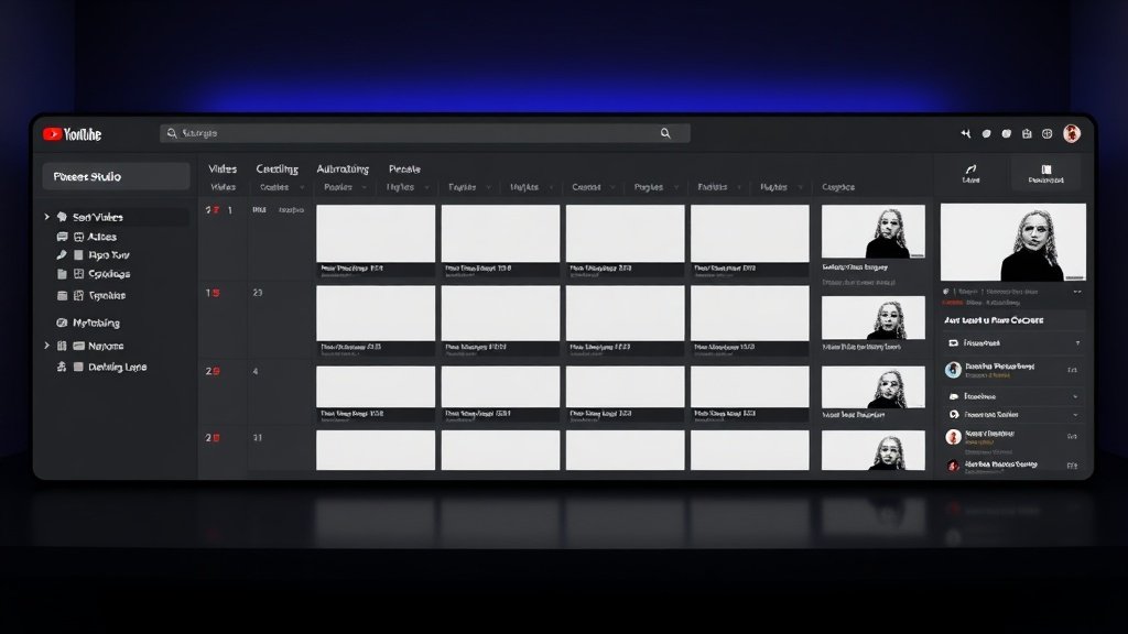 A YouTube Studio screen showing scheduled videos, with workflow steps tracked in the background