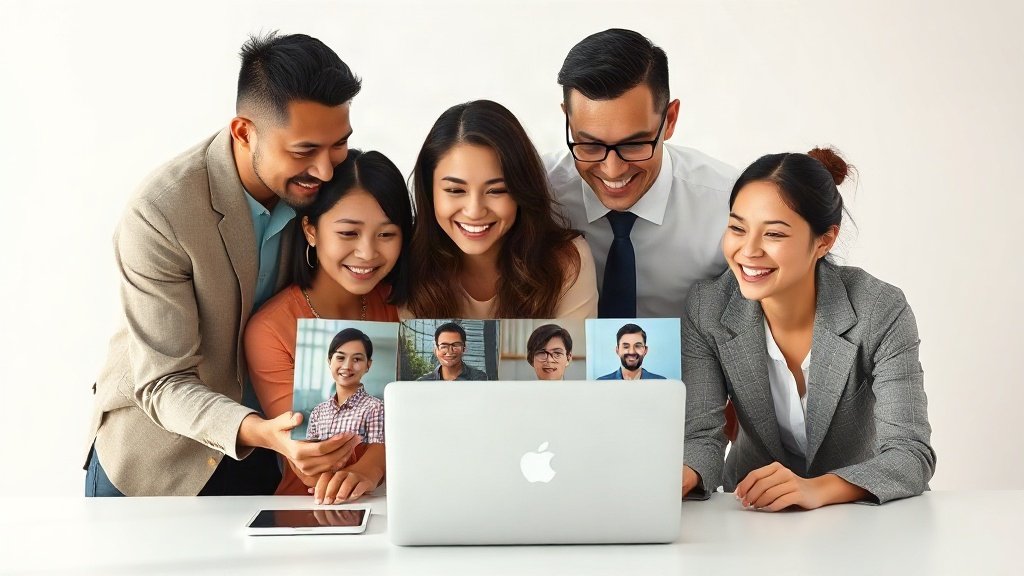 Diverse team reviewing AI training video options on laptop