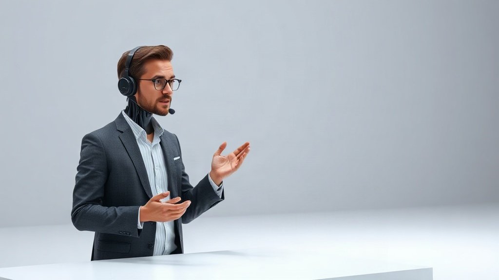 Synthesia avatar presenting a marketing script in a digital studio setting
