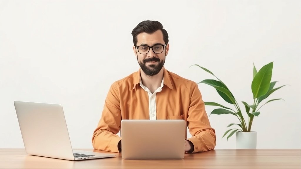 A coach at a desk, typing into an AI platform, as video storyboards unfold on the screen