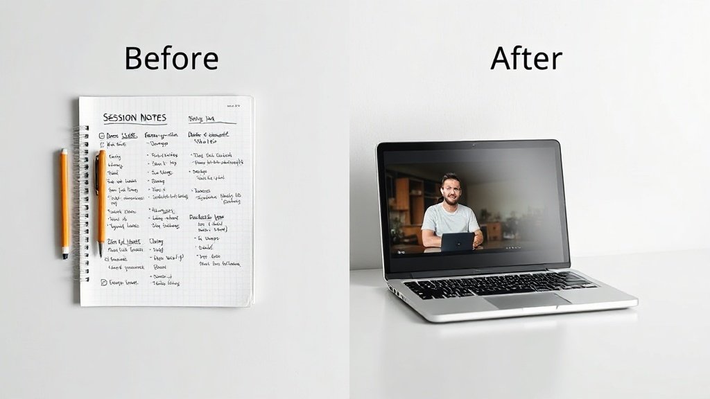 Session notes on paper morphing into a sleek video recap on a digital device