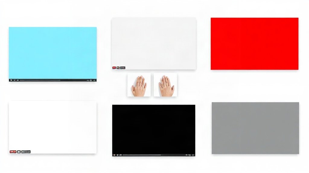A montage of faceless video types on a stylized YouTube screen