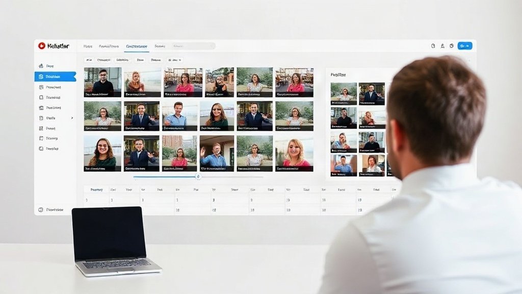 Creator managing talking-head video batches with preview and calendar UI