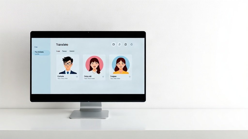 Colorful AI avatar UI with translation previews